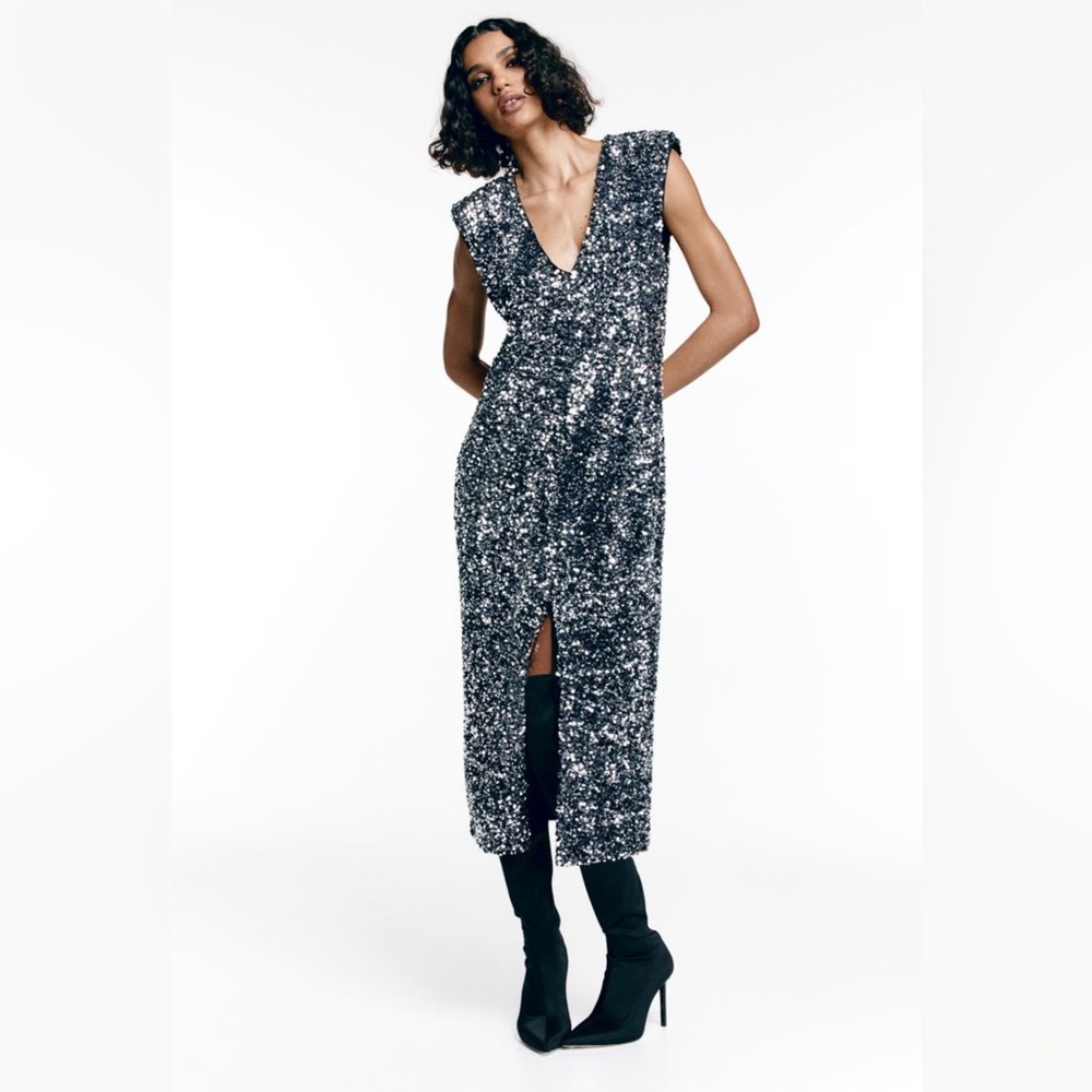 H&M holiday silver sequin party dress with slit